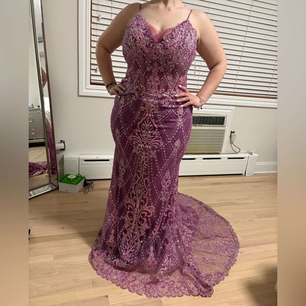 Elegant Purple-Pink Sparkly Lace Evening Gown